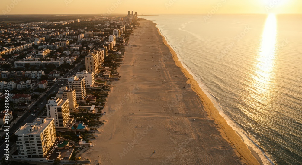 Obraz premium Aerial View of Coastal City and Beach at Sunrise