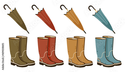 Set of autumn rubber boots. Green, red, yellow and blue boots with umbrellas. Waterproof safety footwear for rainy weather, gardening or farming. Vector illustration.