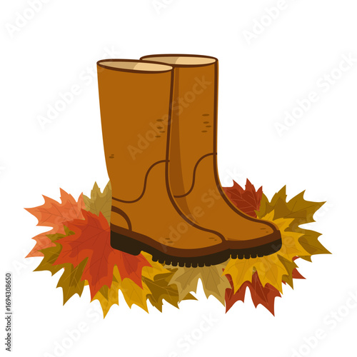 Rubber boots stand on a pile of autumn maple leaves. Vector illustration on isolated background.