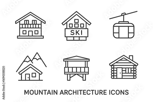 Mountain architecture icons: ski lodge, cabin, cable car, and chalet designs