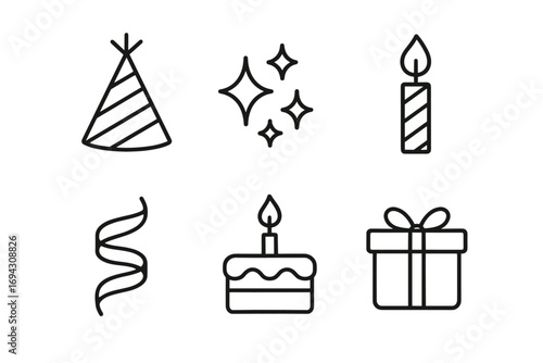 Celebration icons: party hat, sparkles, candle, streamer, cake, gift box