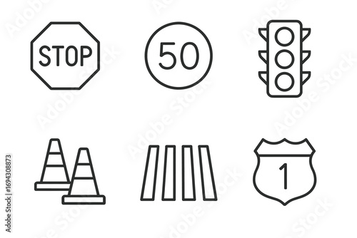 Traffic signs and symbols: stop, speed limit, traffic light, cones, zebra crossing, route marker