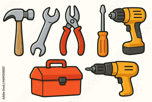 Colorful assorted tools and toolbox illustration with hammer, wrench, pliers, screwdriver, drill