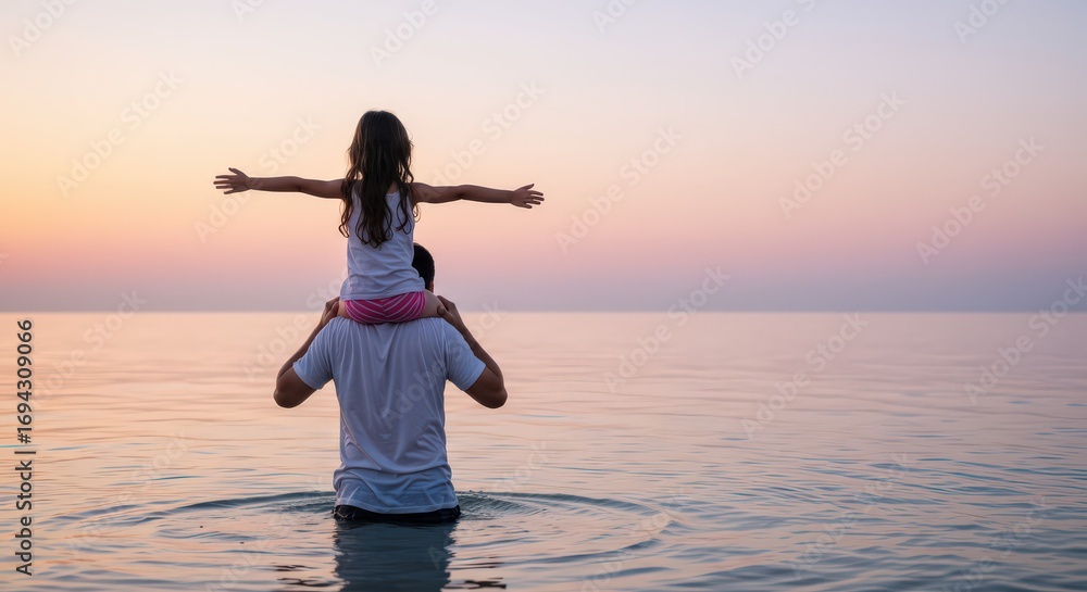 Fototapeta premium Girl on father's shoulders, arms outstretched, enjoying sunset