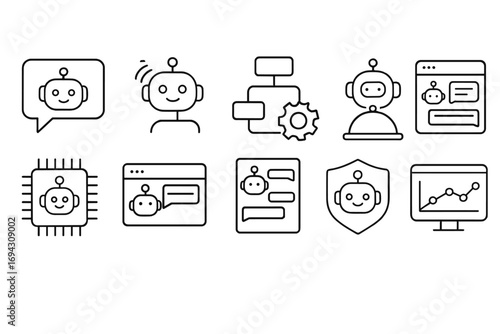 Artificial intelligence linear icon set: bots, learning, and data visualization icons