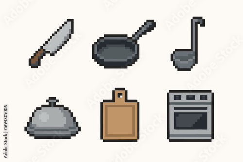 Pixel art kitchen utensils: knife, pan, ladle, serving dish, cutting board, oven
