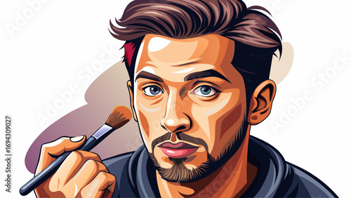  Close-up portrait of male makeup artist holding brush gently. Isolated white background highlights creativity, detail, and the artistry of beauty design.