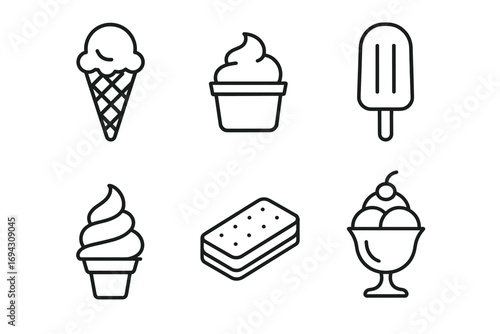 Ice cream icons set: waffle cone, popsicle, sundae, soft serve, ice cream sandwich