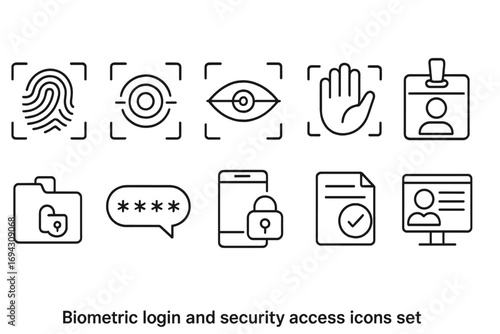 Biometric login and security icon set. access, identity, safety linear icons