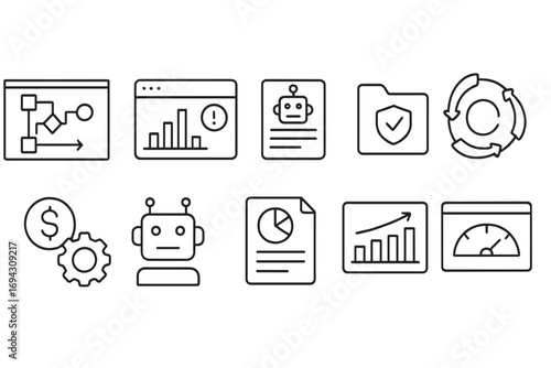 Data analytics outline icon set. charts, reports, robot, security icons.