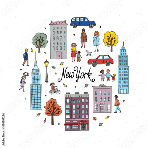 New York vector clipart. Hand drawn New York graphic elements: buildings, skyscrapers, people
