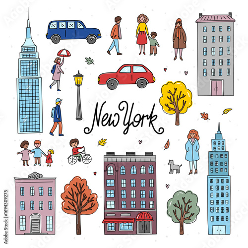 New York hand drawn illustrations. Autumn hand drawn New York vector set. New York City cute graphics