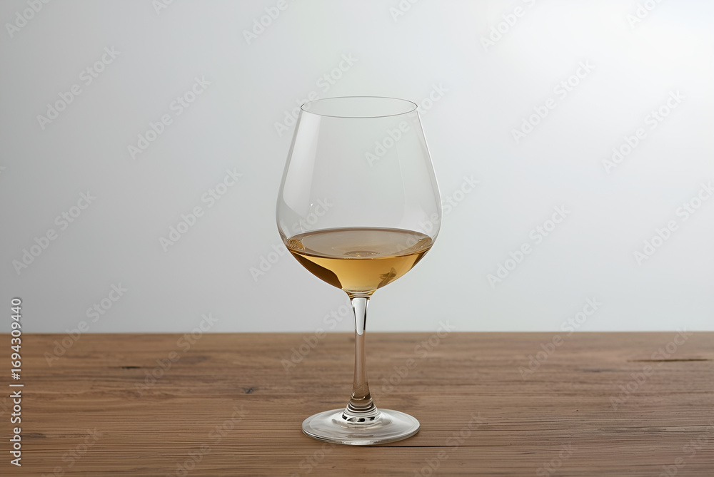 Fototapeta premium White Wine Glass on Wooden Table with Minimalist White Background
