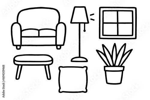 Simple living room outline: armchair, lamp, window, plant, cushion, stool