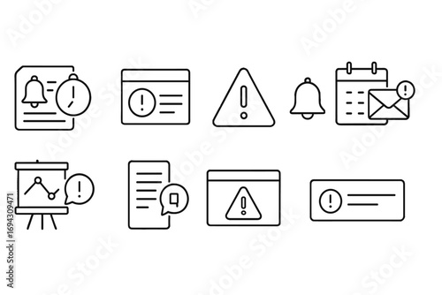Warning and alert outline icon set. notification, caution, bell, reminder icons
