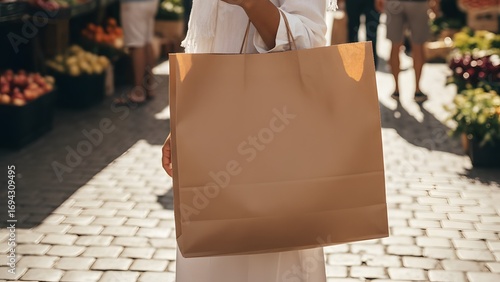 Person holding a large brown paper shopping bag at an outdoor market with blurred background