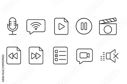 Multimedia and control line icon set. audio, video, streaming interface icons collection