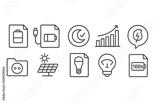 Energy, power linear icon set. sustainability, charging, solar, battery line icons