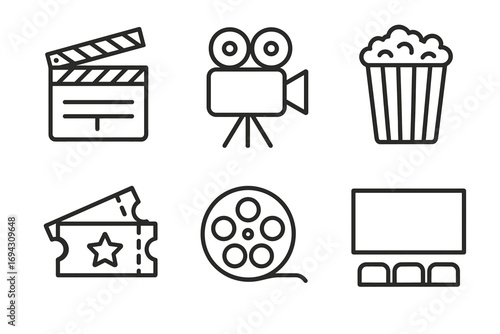 Cinema icons: clapperboard, camera, popcorn, tickets, film reel, screen