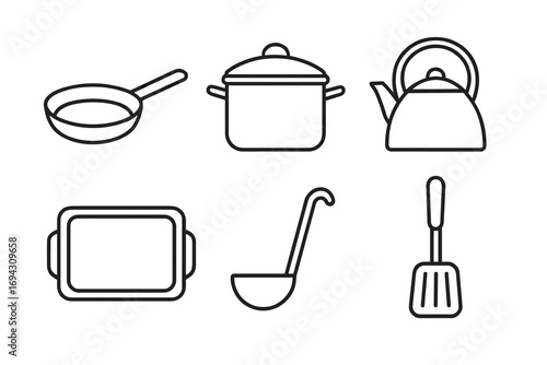 Set of outline kitchen utensils: pan, pot, kettle, tray, ladle, spatula