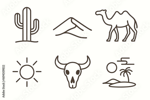 Minimalist desert icons: cactus, mountains, camel, sun, skull, oasis