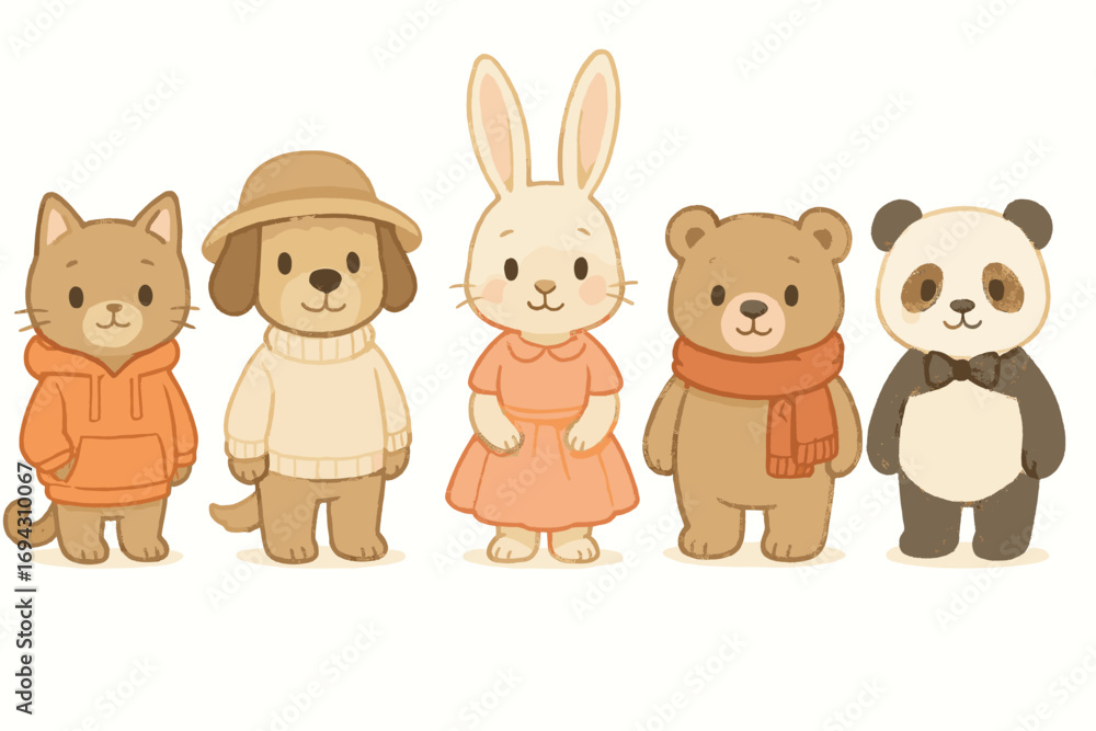 Cute animal characters in various outfits: cat, dog, rabbit, bear, panda Cute animal characters in various outfits: cat, dog, rabbit, bear, panda