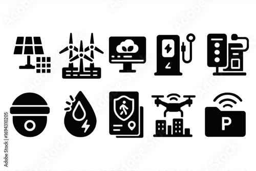 Renewable energy, technology solid icon set: solar, wind, and smart devices icons