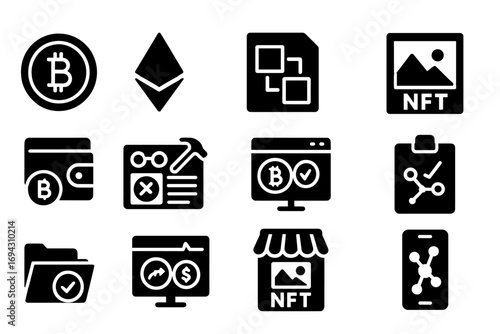 Cryptocurrency and nft silhouette icon set for web and financial apps