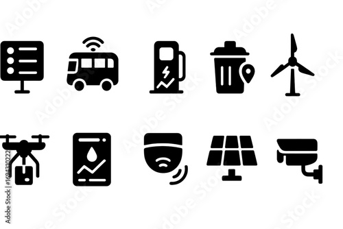 Smart city solid icon set: technology, transport, energy, and safety icons collection