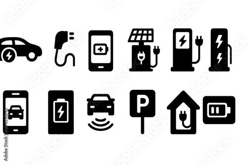 Electric vehicle silhouette icon set. charging, sustainability vector icons collection