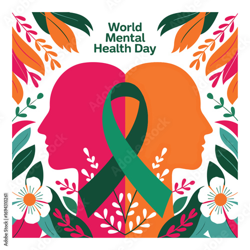 World Mental Health Day Poster Colorful Silhouettes, Green Ribbon And Floral Design
