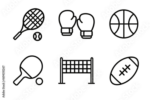 Outline icons of sports equipment: tennis, boxing, basketball, ping pong, volleyball, football