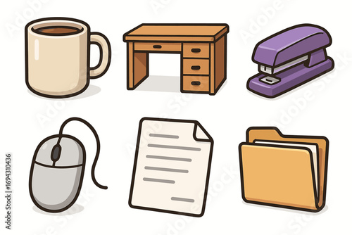 Cartoon office supplies: coffee mug desk stapler mouse paper folder
