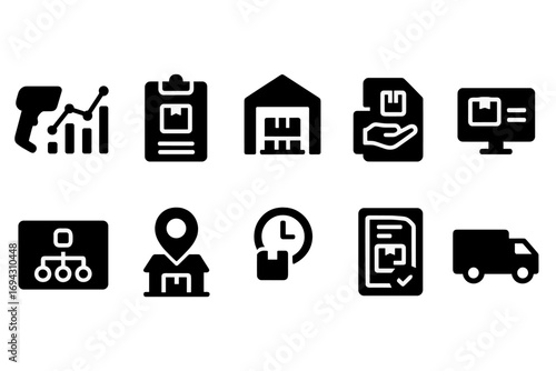 Logistics, supply chain silhouette icon set. warehouse, delivery elements collection