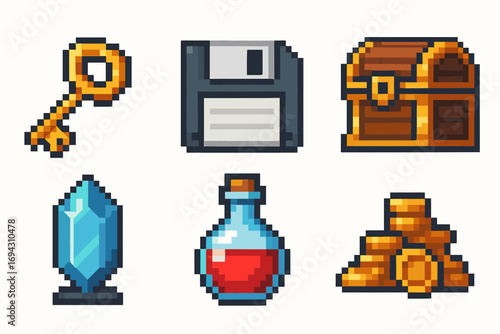 Pixel art icons: key, floppy disk, chest, crystal, potion, coins