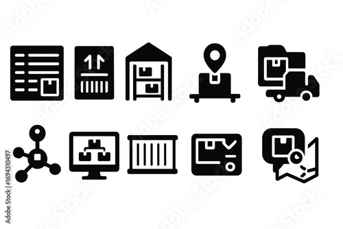 Logistics, warehouse solid icon set. inventory management and shipping solutions