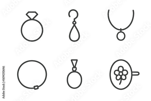 Minimalist jewelry icons including rings, earrings, and necklaces