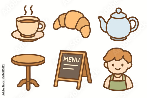 Cartoon café elements: coffee cup, croissant, teapot, table, menu, barista boy