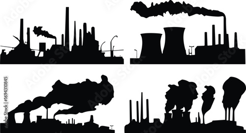 Industrial pollution silhouettes, factory smoke emissions, environmental impact, air contamination, climate crisis, toxic fumes, heavy industry, global warming, carbon footprint, smog clouds