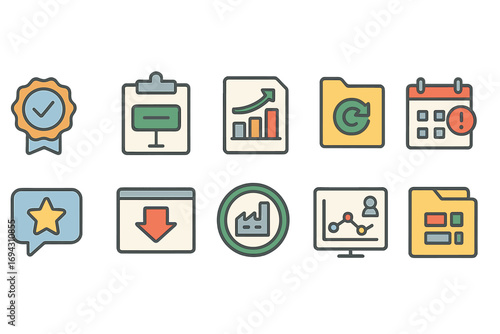 Business, productivity flat icon set. office, workflow, analysis icons collection