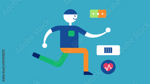 Fitness Tracker Implant A stylized figure exercising with an implant icon and a digital screen showing activity levels and calories burned.