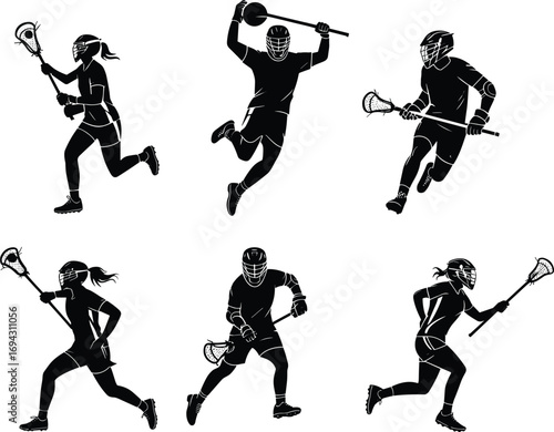 Lacrosse player silhouettes, sports action, athletic movement, stick handling, black vector, team sport, dynamic pose, helmet gear, field game, defense stance