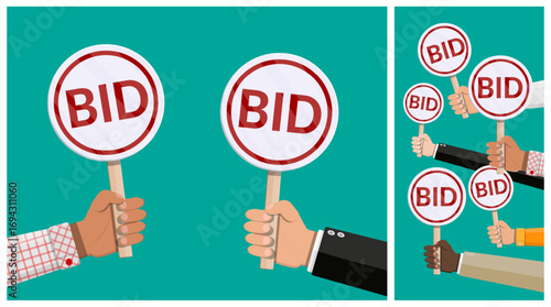 Hands holding bid paddles. Concept of auction, bidding process, sale. Flat vector illustration for business and finance.