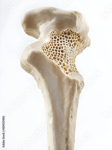 detailed human bone view femur head internal structure porous weakened tissue osteoporosis condition fragile fractures decreased density spongy cancellous bone deterioration medical illustration