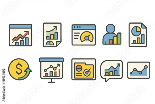 Business analytics flat icon set. data, charts, finance, marketing, and report icons