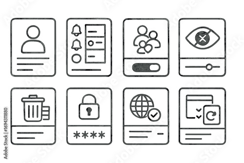 User interface line icon set. profile, privacy controls, and security icons