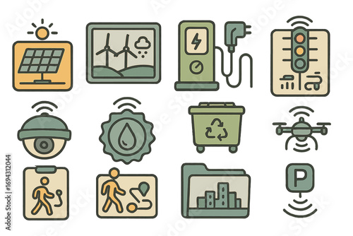 Environment and energy icon set: outline style for sustainable and green solutions