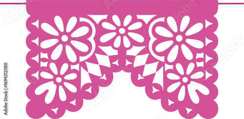 Traditional mexican papel picado banner with floral designs in pink