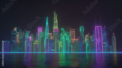 Floating futuristic skyscrapers connected by glowing neon bridges with reflections. Sci-fi architecture and cyber city skyline concept design.