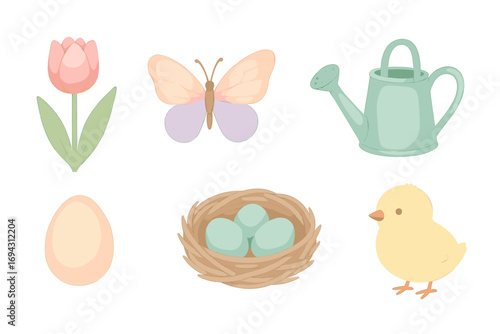 Spring elements: tulip, butterfly, watering can, egg, nest, chick